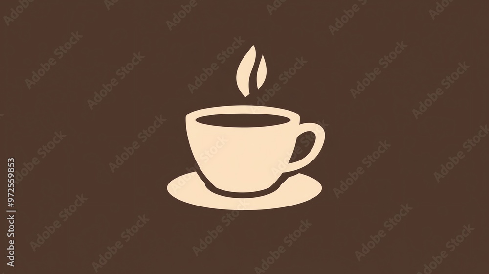 Fototapeta premium Simple icon of a cup of coffee with steam on a brown background.