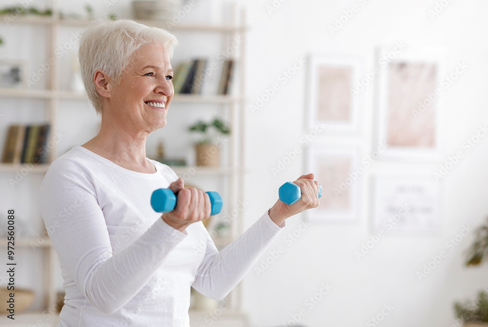Gym At Home. Positive Aged Woman Training With Dumbbells In Living Room, Copy Space Gym At Home. Positive Aged Woman Training With Dumbbells In Living Room, Copy Space