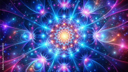 Cosmic abstract fractal design, vibrant mood, colorful patterns and glowing lights, copy space