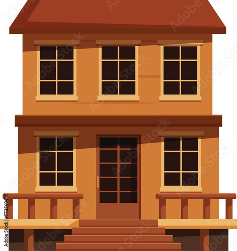 Cartoon depiction of a cozy and inviting wooden suburban house. Featuring a porch. Stairs. And multiple windows. Perfect for illustrations related to housing. Neighborhoods. And comfortable living