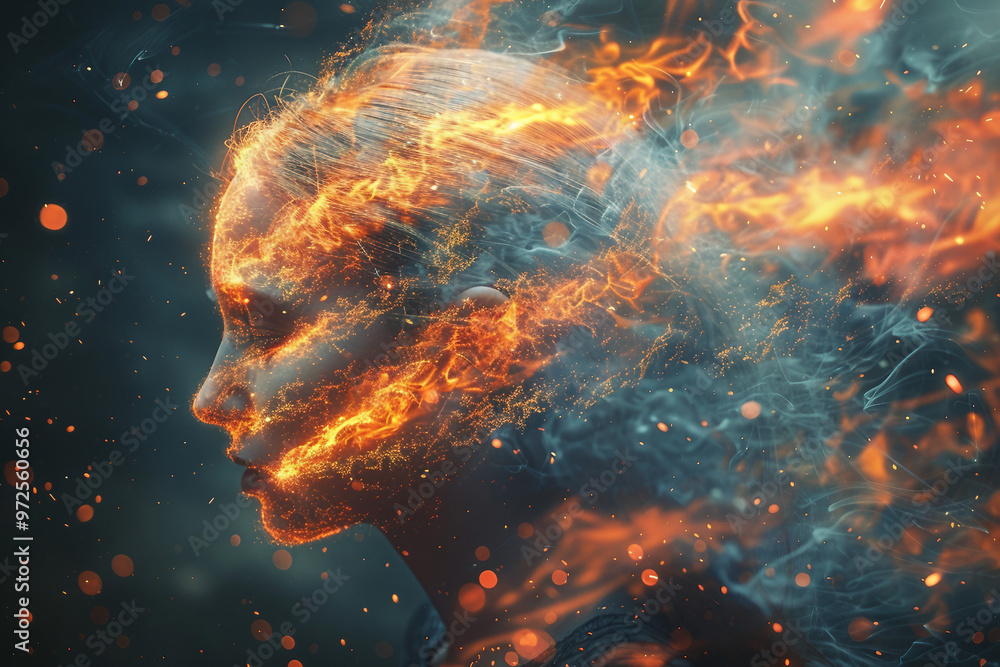 Man face merging with fire and smoke generative ai concept Man face merging with fire and smoke generative ai concept