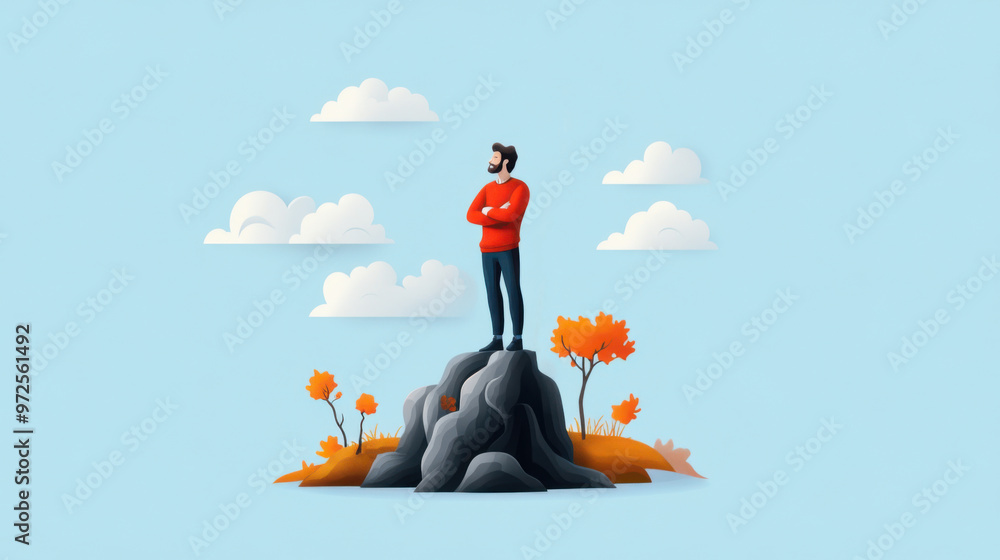 A 3D cartoon character standing on a hilltop with arms crossed, surrounded by clouds and autumn trees in the background.