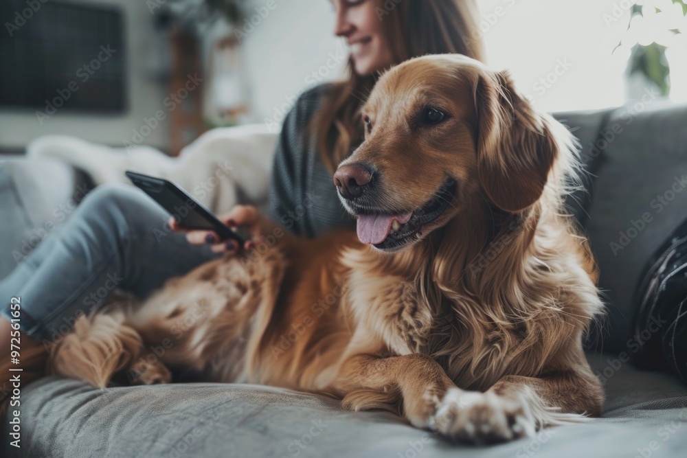 Woman Relaxing with Golden Retriever at Home, Companion Pet Bonding Woman Relaxing with Golden Retriever at Home, Companion Pet Bonding