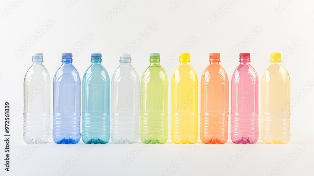 A lineup of clear plastic bottles in six rows, each bottle in a different color, creating a striking and organized visual. A lineup of clear plastic bottles in six rows, each bottle in a different color, creating a striking and organized visual.