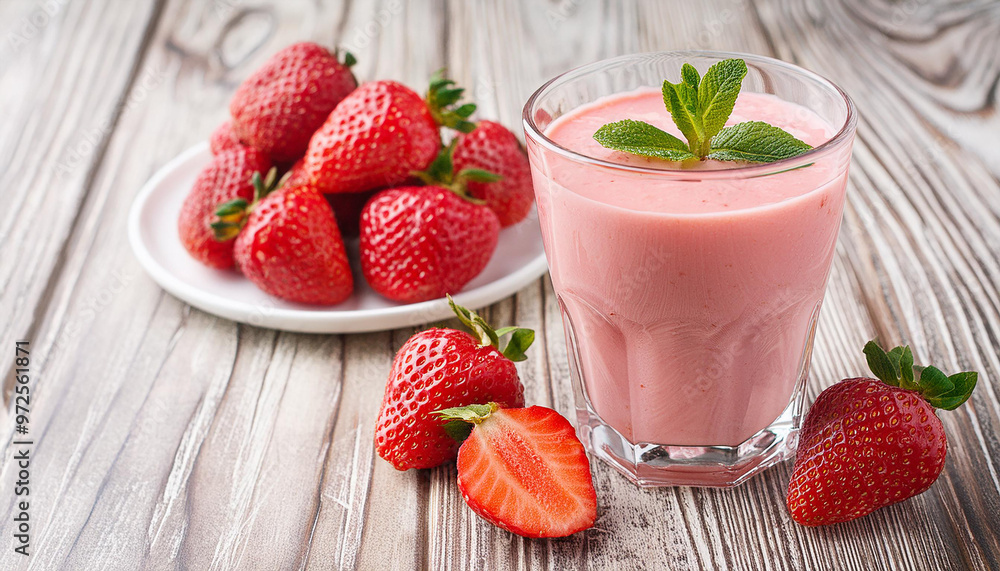 Glass with strawberry milkshake and row of strawberries on wooden table background. Glass with strawberry milkshake and row of strawberries on wooden table background.