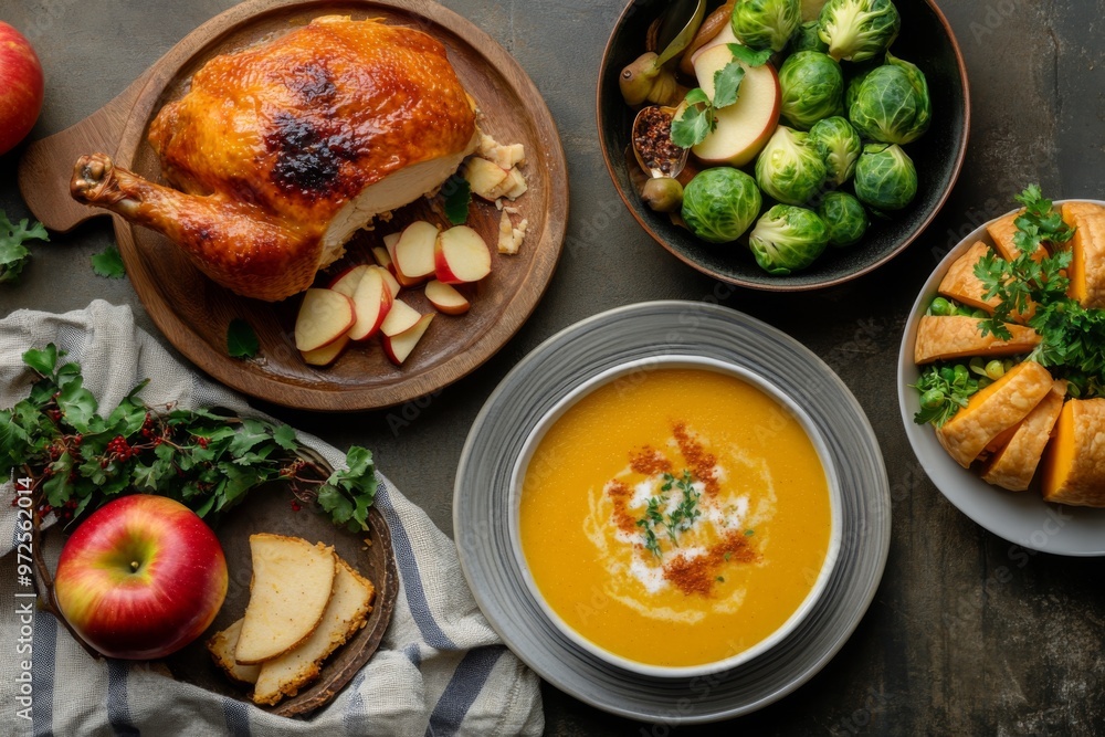a warm and inviting thanksgiving spread, featuring a perfectly cooked chicken, a slice of classic apple pie, a comforting bowl of pumpkin soup, a side of tender brussels sprouts, and a colorful a warm and inviting thanksgiving spread, featuring a perfectly cooked chicken, a slice of classic apple pie, a comforting bowl of pumpkin soup, a side of tender brussels sprouts, and a colorful