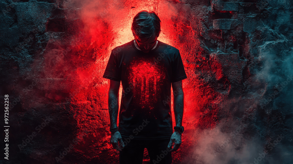 Obraz premium A person wearing a dark shirt stands in a smoky, illuminated environment with red lighting against a textured wall in an urban setting