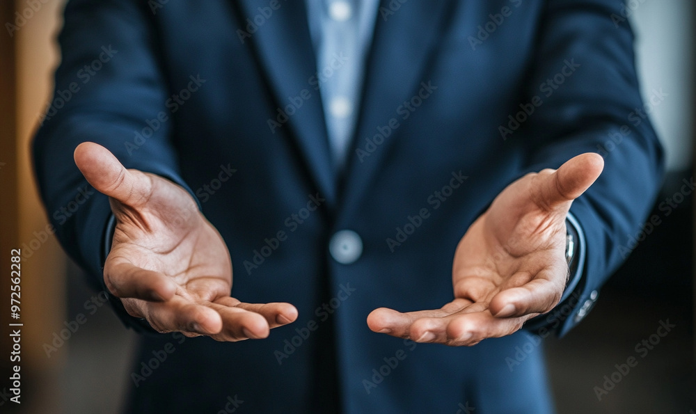 A businessman in suit with open hands, suggesting an inviting or welcoming gesture A businessman in suit with open hands, suggesting an inviting or welcoming gesture