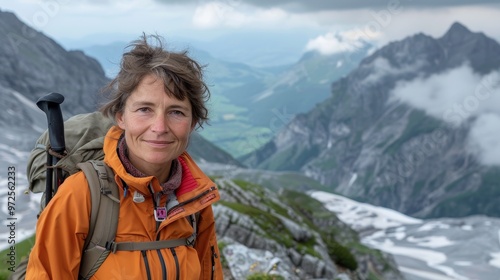 traveler, caucasian adult woman with backpack hiking on mountain, active lifestyle, freedom