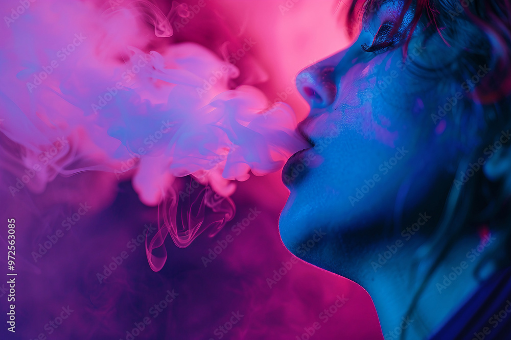 Fototapeta premium Promotion of electronic cigarette vape unhealthy habit lifestyle, vibrant colorful Generative AI photo