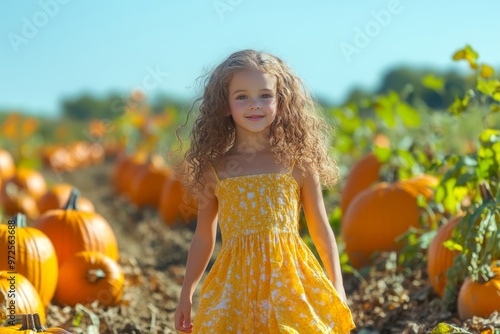 a young girl with curly brown hair and a bright yellow sundress walking through a pumpkin patch in ohio, surrounded by vibrant orange pumpkins and green vines under a clear blue october sky photo