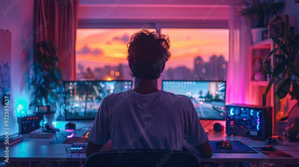 young man gamer in room with computers, game setup with background light of purple and blue neon light young man gamer in room with computers, game setup with background light of purple and blue neon light
