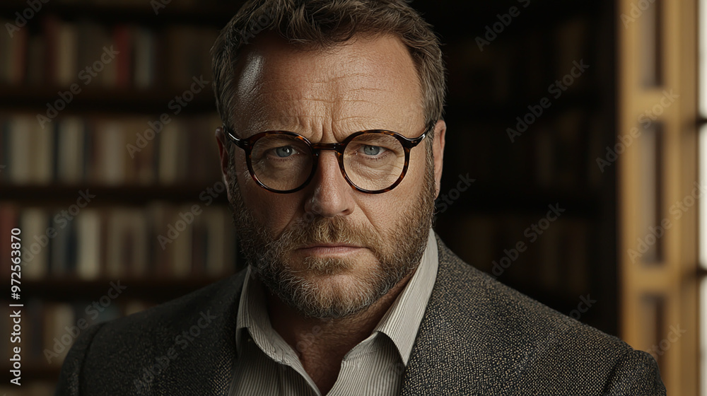 Thoughtful Man in Glasses and Suit in a Library Setting Thoughtful Man in Glasses and Suit in a Library Setting