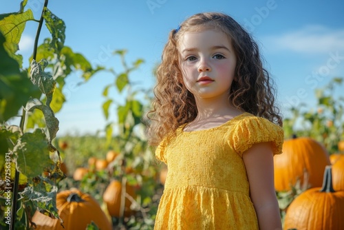 a young girl with curly brown hair and a bright yellow sundress walking through a pumpkin patch in ohio, surrounded by vibrant orange pumpkins and green vines under a clear blue october sky photo