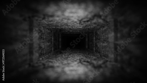 camera movement through dark gloomy tunnel with texture. 3d render. looped animation