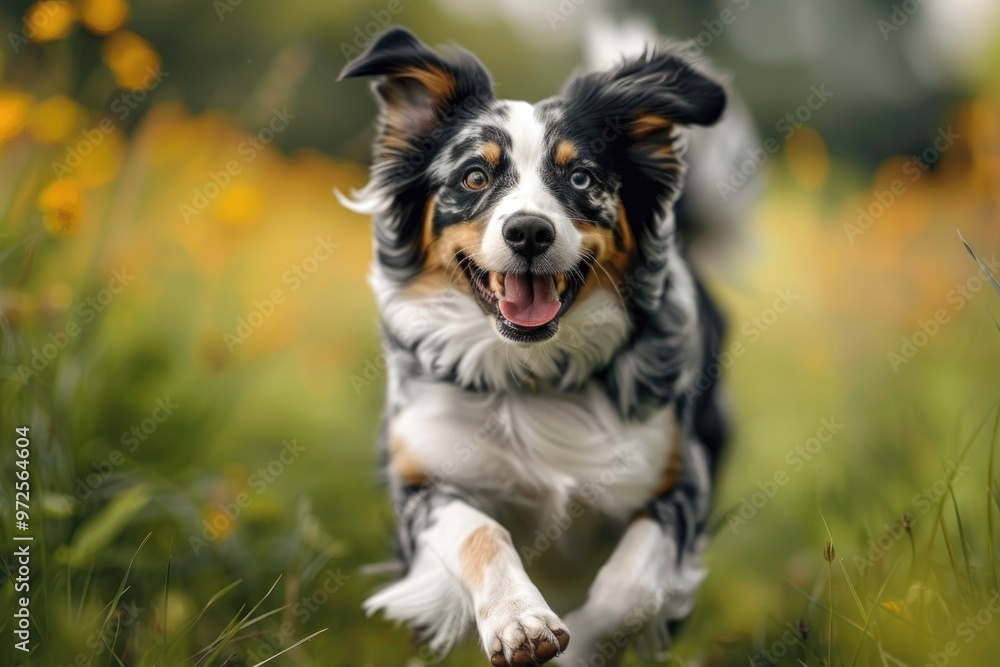 Happy Australian Shepherd Running in a Vibrant Field of Wildflowers Happy Australian Shepherd Running in a Vibrant Field of Wildflowers