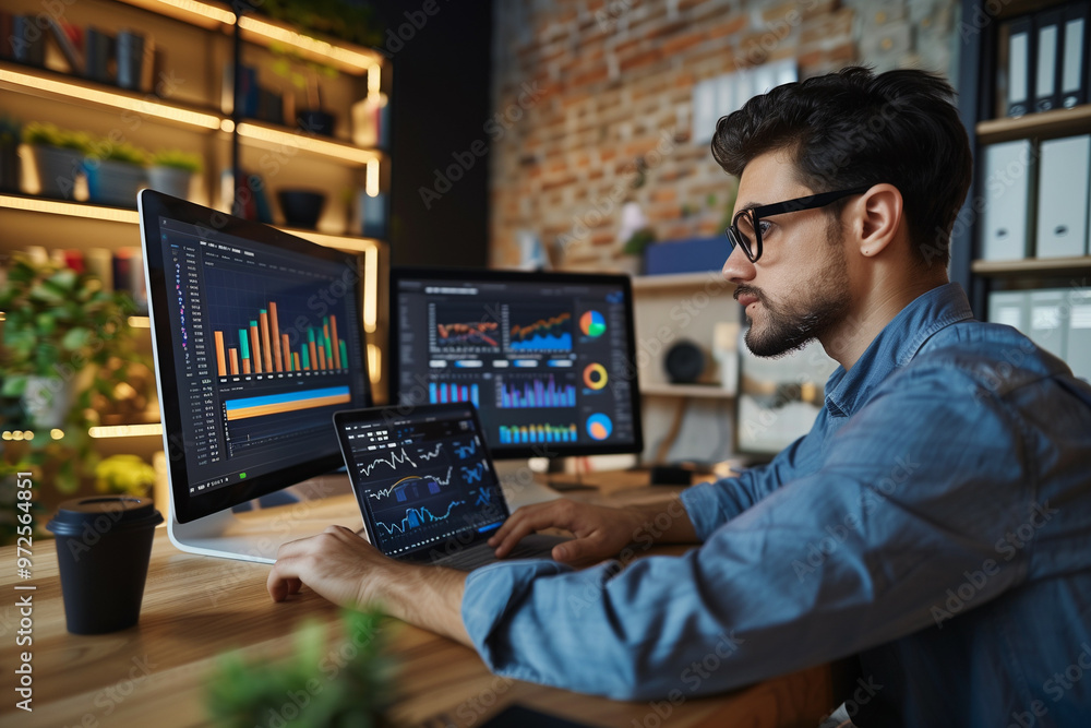 Focused young man analyzing financial data on multiple computer screens in a modern office with lush green plants Focused young man analyzing financial data on multiple computer screens in a modern office with lush green plants