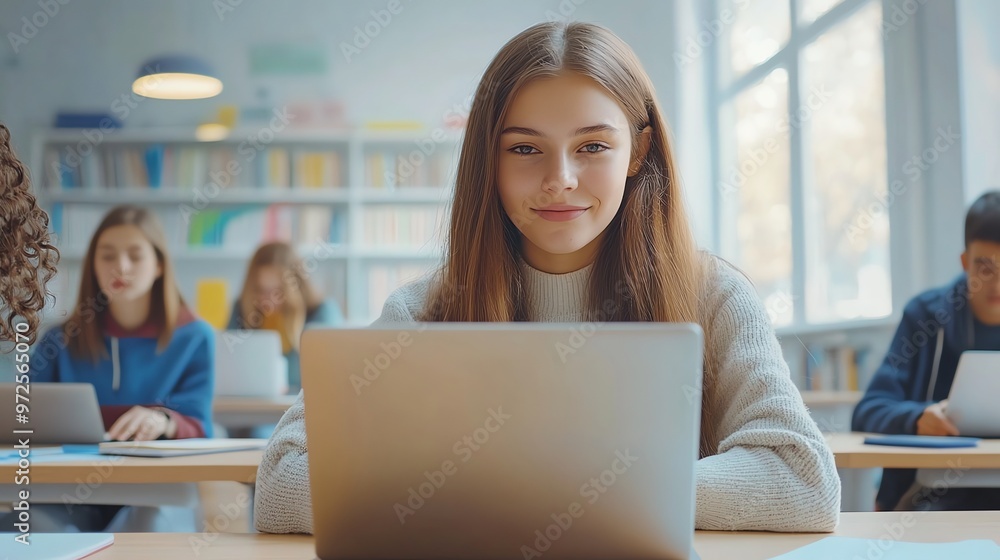 Fototapeta premium Young woman smiles as she uses a laptop in a classroom setting.