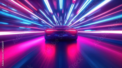 Blurred neon lights follow the fast car as it accelerates through the city streets at high speed photo