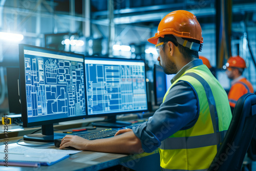 Male engineer in a high-visibility vest working intently at computer monitors displaying complex CAD designs in a bustling industrial setting with colleagues in the background