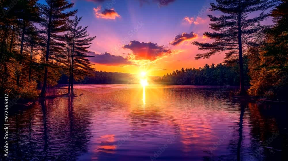 The tranquil panorama of the lake catches the warm light of the setting sun, and the calm water shimmers, Seamless looping 4k time-lapse animation video background The tranquil panorama of the lake catches the warm light of the setting sun, and the calm water shimmers, Seamless looping 4k time-lapse animation video background