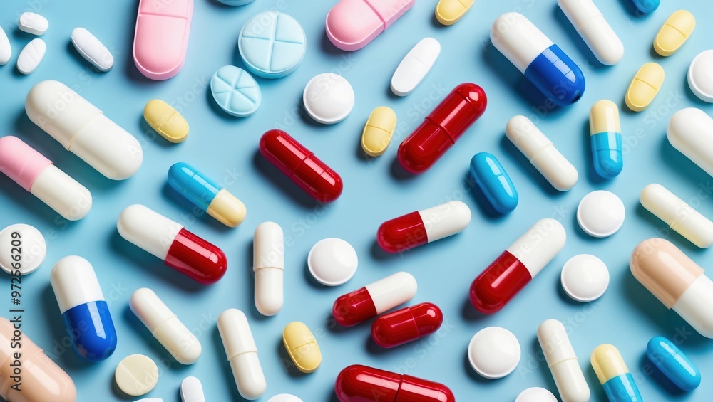 High-resolution, horizontal layout image featuring a variety of pills and capsules scattered on a light blue background. High-resolution, horizontal layout image featuring a variety of pills and capsules scattered on a light blue background.