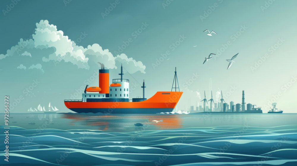 Digital illustration of a ship sailing near wind turbines on the ocean, blending maritime and renewable energy themes. Digital illustration of a ship sailing near wind turbines on the ocean, blending maritime and renewable energy themes.