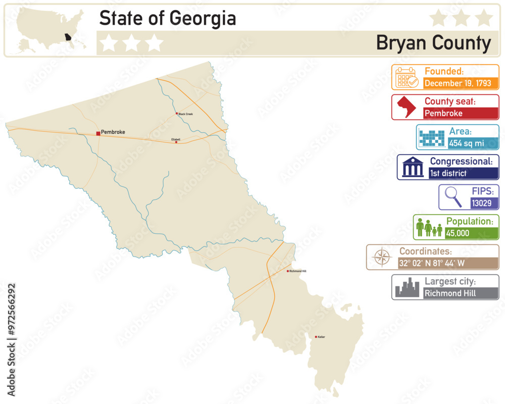 Fototapeta Detailed infographic and map of Bryan County in Georgia USA.