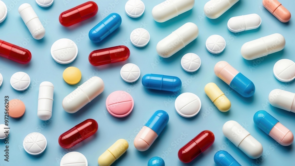 High-resolution, horizontal layout image featuring a variety of pills and capsules scattered on a light blue background. High-resolution, horizontal layout image featuring a variety of pills and capsules scattered on a light blue background.
