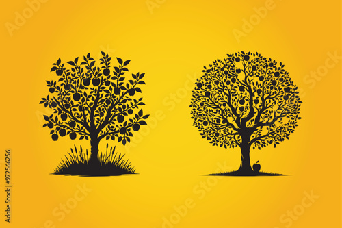 Apple Tree Silhouette black. white background set
