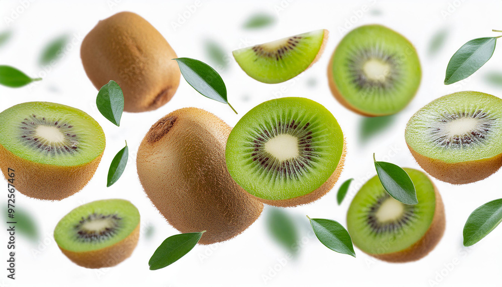 Fototapeta premium Kiwi with half slices kiwi falling or flying in the air with green leaves isolated on white background. Generative AI.