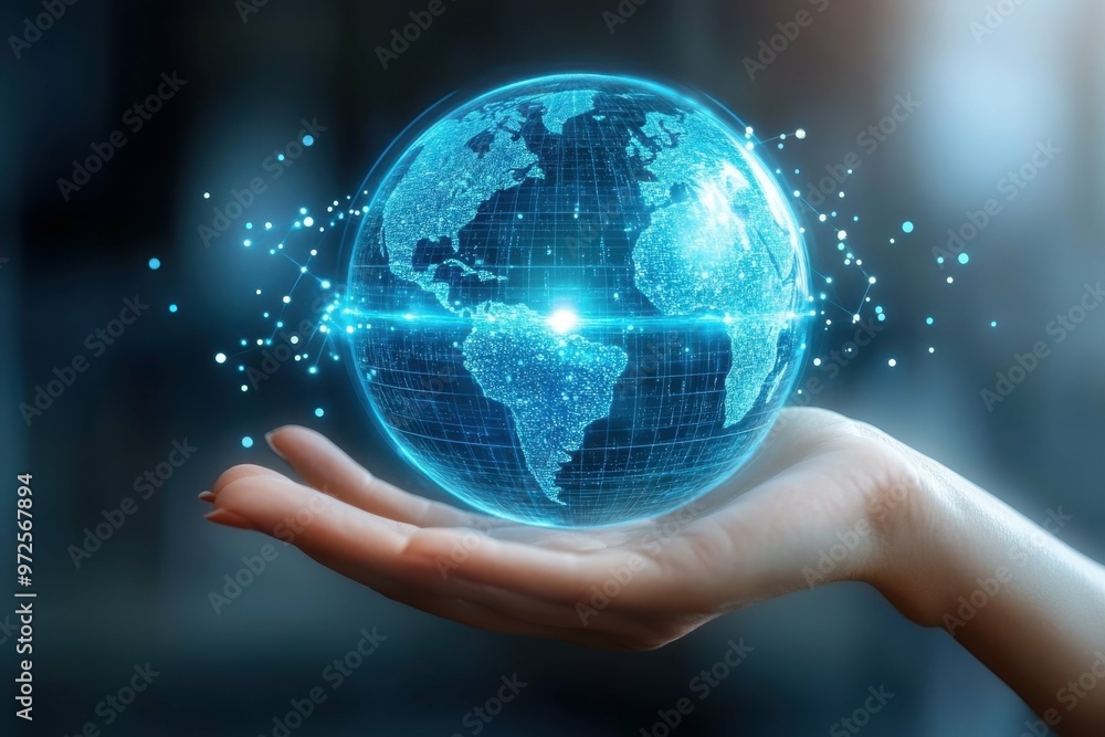 A hand holding a hologram of a globe where the continents are visibly shrinking due to rising sea levels. A hand holding a hologram of a globe where the continents are visibly shrinking due to rising sea levels.