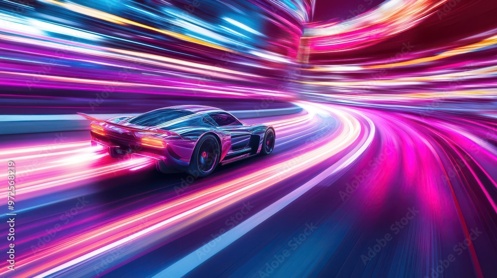 A fast car races down the neon-lit streets, leaving behind a glowing trail of light and motion A fast car races down the neon-lit streets, leaving behind a glowing trail of light and motion