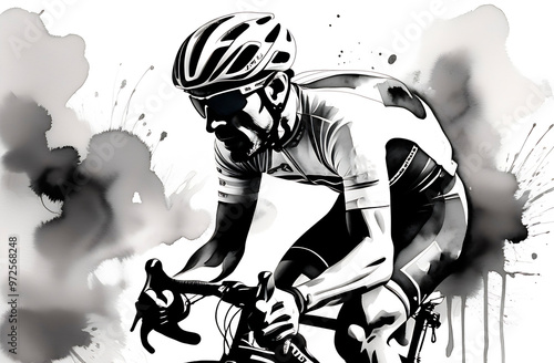 The cyclist's black and white logo represents extreme sports. Summer illustration. Print, screensaver, desktop wallpaper, photo wallpaper, cover. Vertical picture. High-quality photos photo