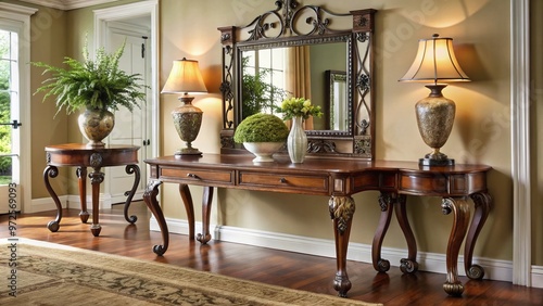 Elegant formal dining room features a stylish console table with ornate metal legs and a rich wooden tone, photo