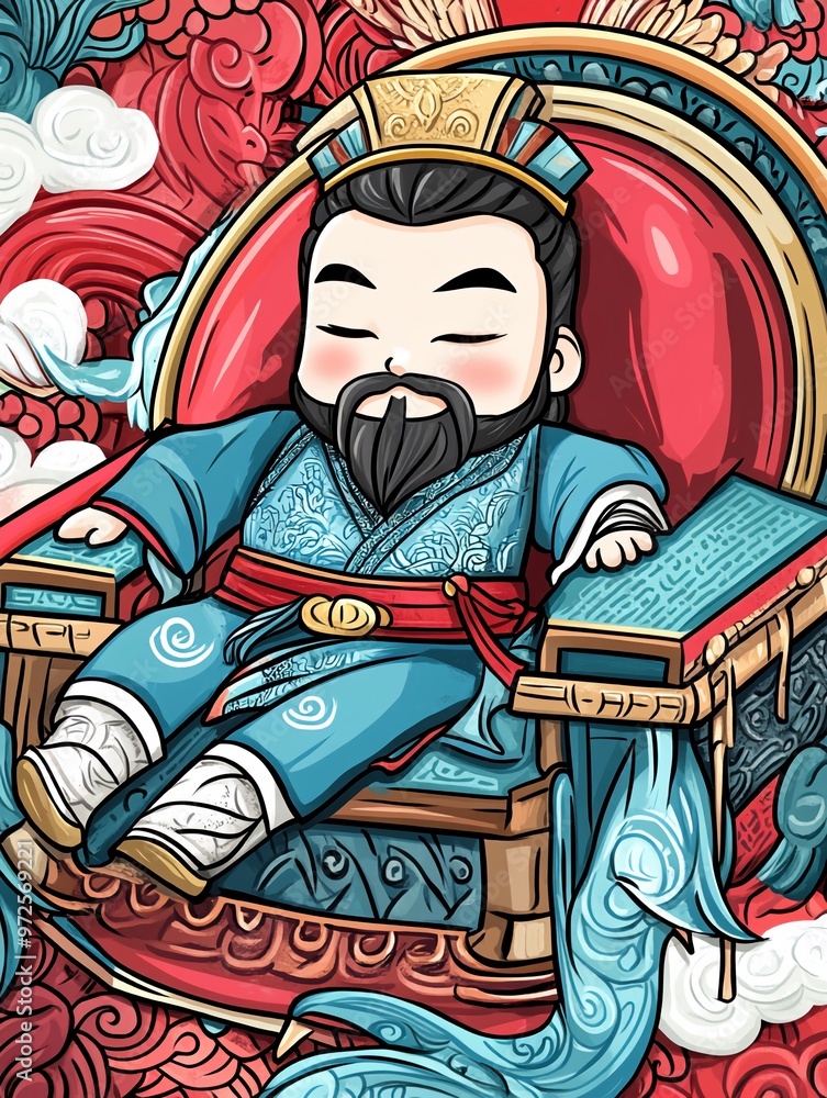 Regal Serenity: A Relaxed Emperor in a Vibrant Chair Surrounded by Flowing Water Regal Serenity: A Relaxed Emperor in a Vibrant Chair Surrounded by Flowing Water