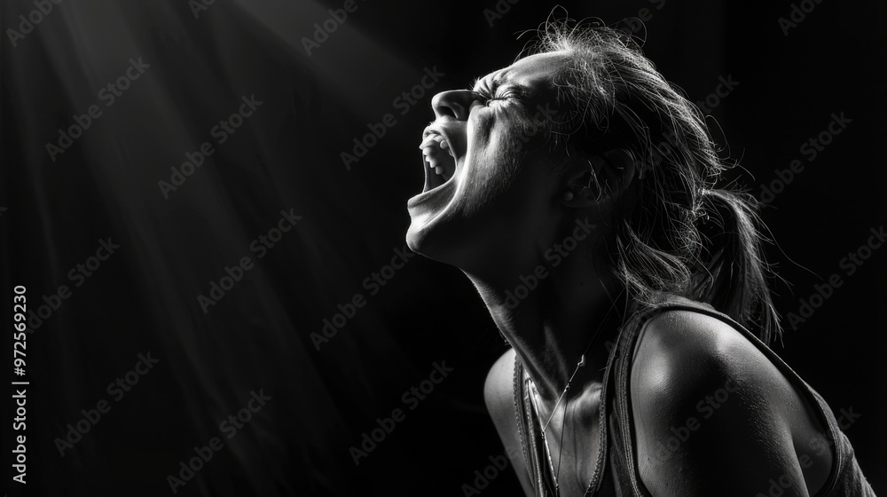 A woman captured screaming in black and white. Suitable for dramatic concepts A woman captured screaming in black and white. Suitable for dramatic concepts