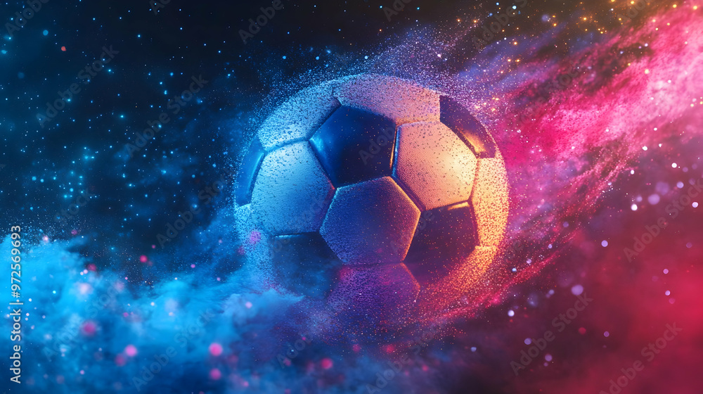 Fototapeta premium Soccer Ball in Cosmic Dust with Blue and Red Lights, Abstract Sports Background Animation