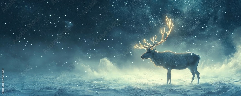 A majestic reindeer stands in a snowy landscape, illuminated by a mystical glow under a starlit sky, capturing the essence of winter. A majestic reindeer stands in a snowy landscape, illuminated by a mystical glow under a starlit sky, capturing the essence of winter.