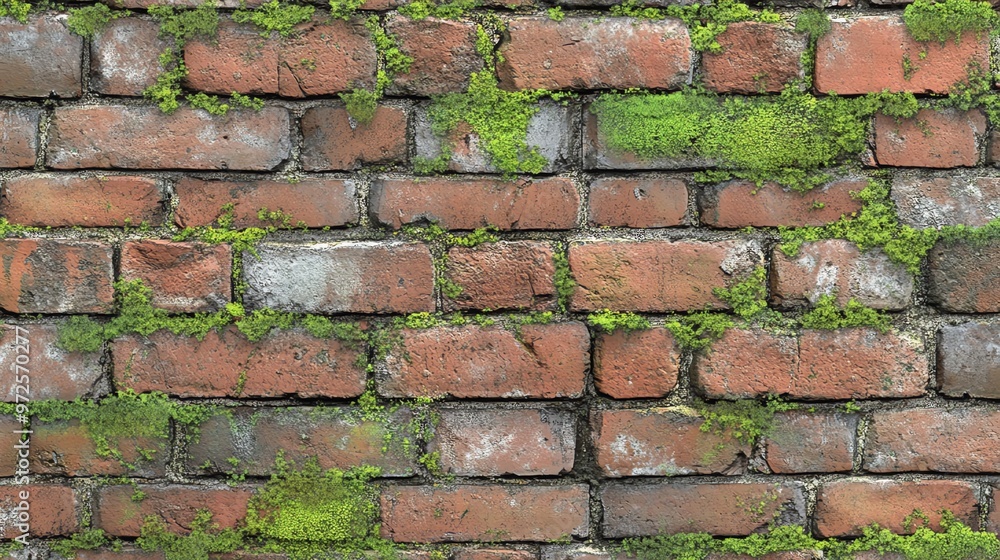 Obraz premium Close-up of a red brick wall with green moss growing on it.