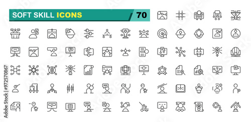 Soft Skills line icons set. Skills outline icons collection. Active, Communication, Target, Core Values. Editable stock vector illustration.