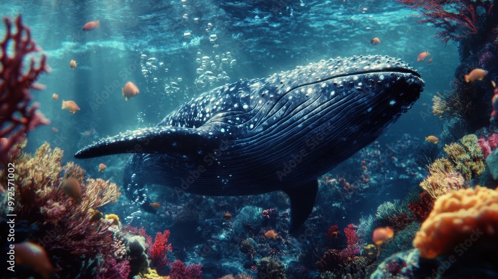 Fototapeta premium Whale explore the intricate coral beneath the ocean’s surface, highlighting the diversity of marine life in the colorful underwater world.