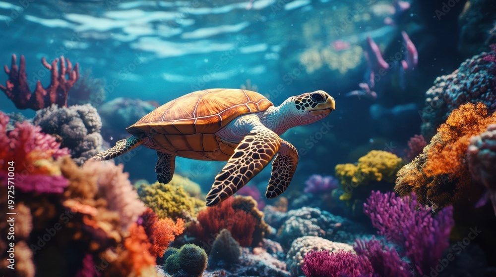Fototapeta premium A coral wonderland comes to life with turtle swimming through radiant hues of coral, creating a captivating image of the ocean’s hidden treasures.