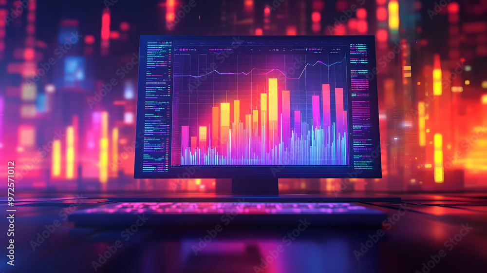 Computer Monitor Displays Financial Data Charts in a Futuristic City at Night Computer Monitor Displays Financial Data Charts in a Futuristic City at Night