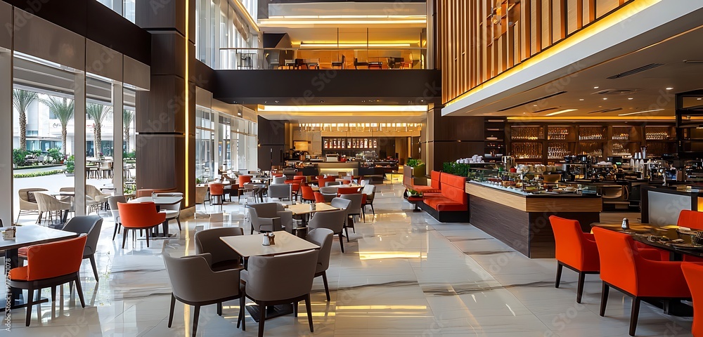Contemporary cafe within a hotel lobby.