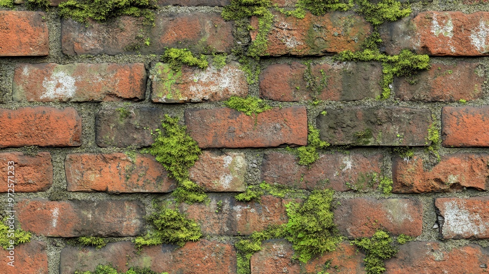 Fototapeta premium A close up of an old brick wall with green moss growing between the bricks.