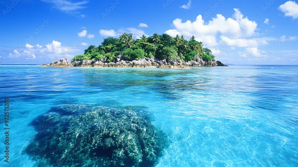 Fototapeta premium A small tropical island in the middle of a blue ocean.