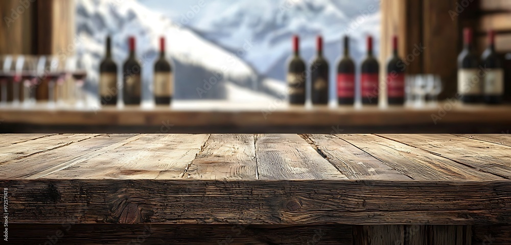Fir wood craftsmanship with a tableau of softly focused Pinot Noir bottles in an alpine theme.
