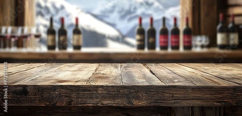 Obraz na płótnie Fir wood craftsmanship with a tableau of softly focused Pinot Noir bottles in an alpine theme. w salonie