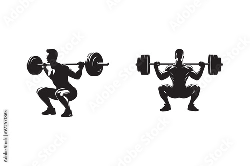 Squat exercise name silhouette black logo white background set.